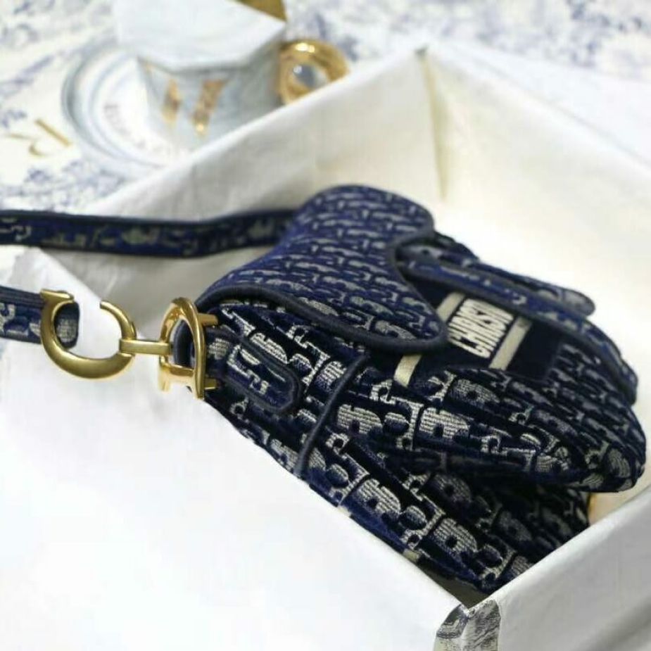 Dior Oblique Deep Blue Canvas Saddle Bag (With Box)