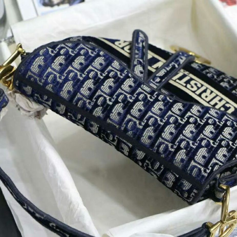 Dior Oblique Deep Blue Canvas Saddle Bag (With Box)