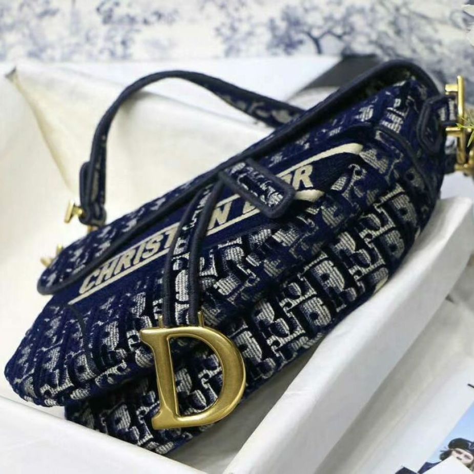 Dior Oblique Deep Blue Canvas Saddle Bag (With Box)