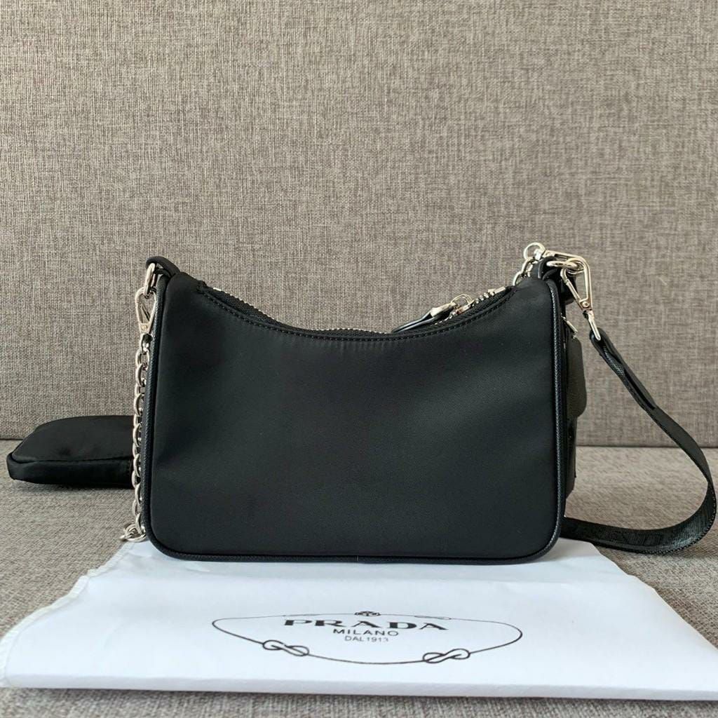 Prada Re-Edition 2005 Multi Pochette Black Silver Sling Bag (With Box)