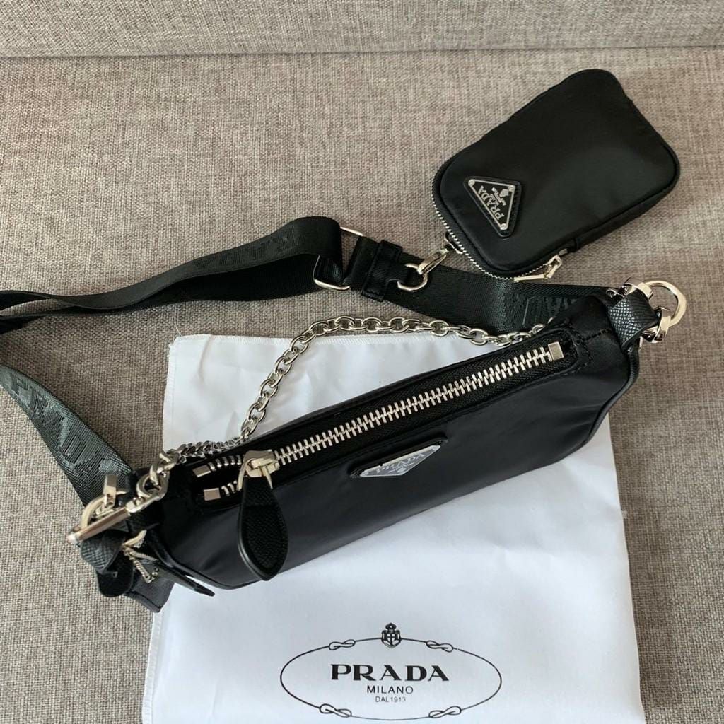 Prada Re-Edition 2005 Multi Pochette Black Silver Sling Bag (With Box)