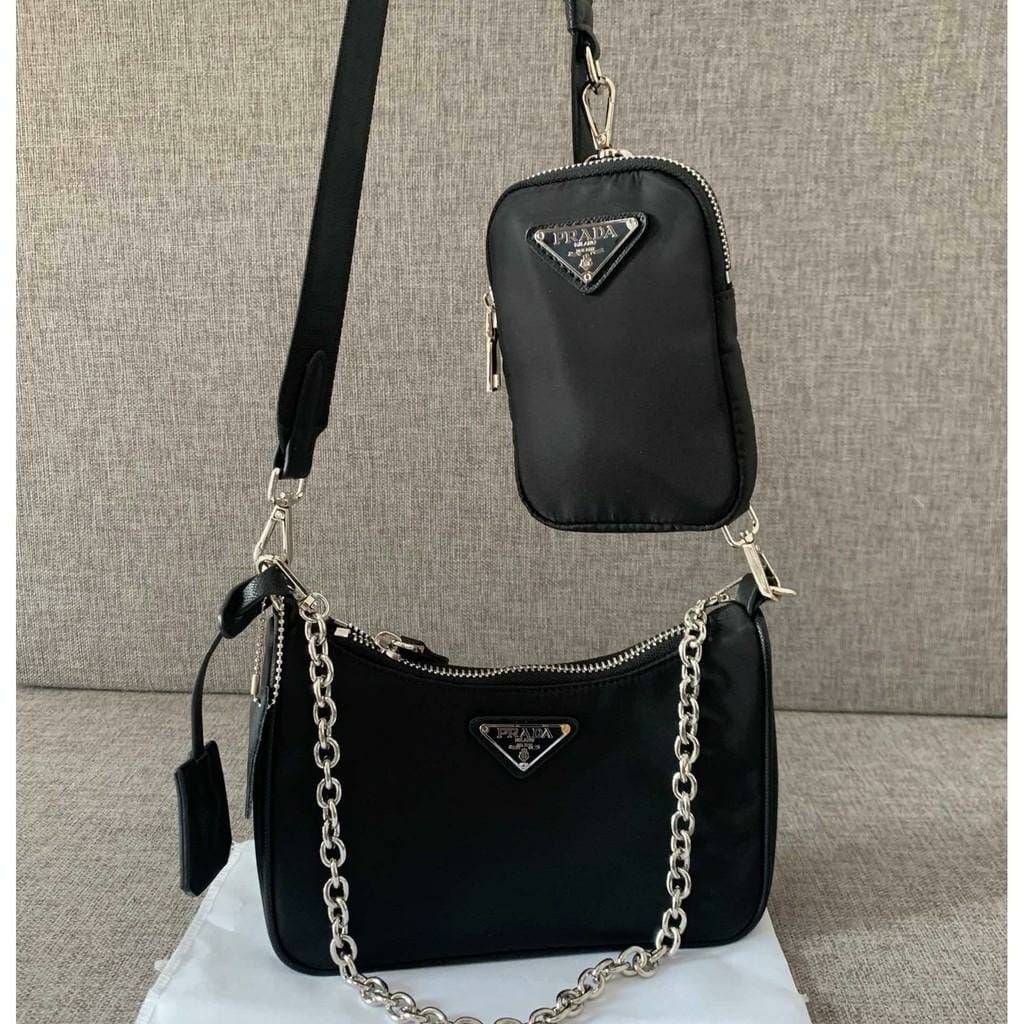 Prada Re-Edition 2005 Multi Pochette Black Silver Sling Bag (With Box)