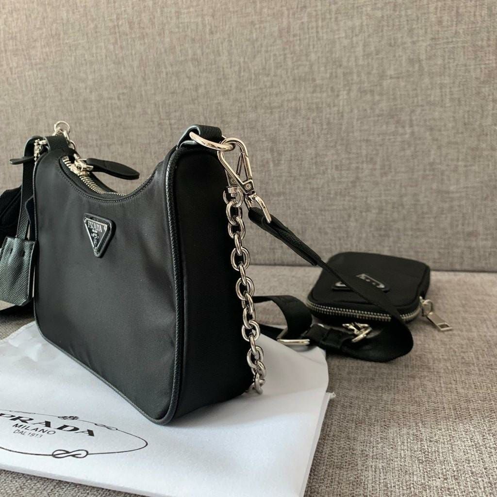 Prada Re-Edition 2005 Multi Pochette Black Silver Sling Bag (With Box)