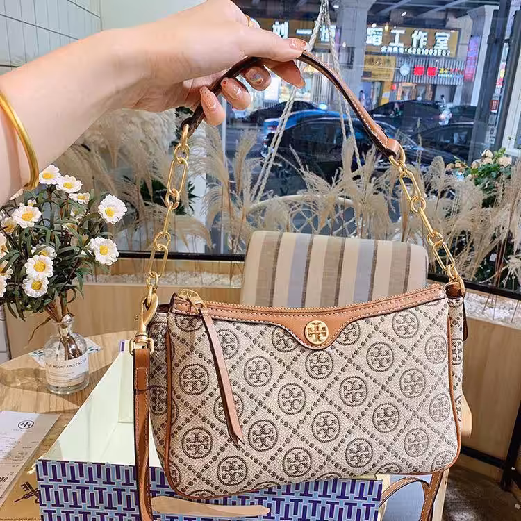 Tory Burch T Monogram Khaki Jacquard Sling Bag (With Box)