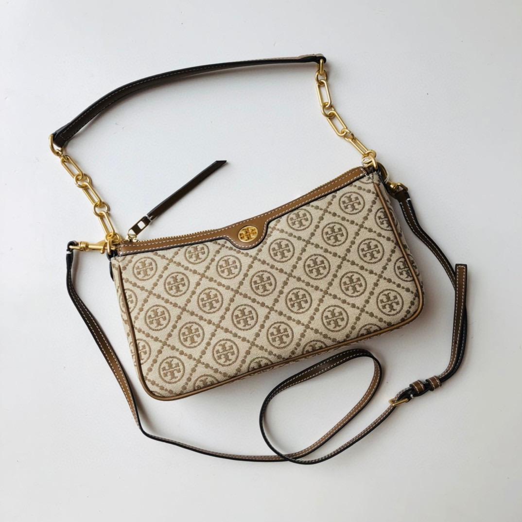 Tory Burch T Monogram Khaki Jacquard Sling Bag (With Box)