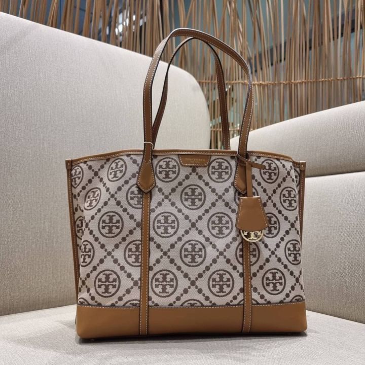 Tory Burch T Monogram Brown Jacquard Tote