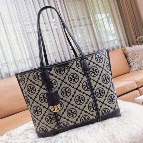 Tory Burch T Monogram Blue Jacquard Tote