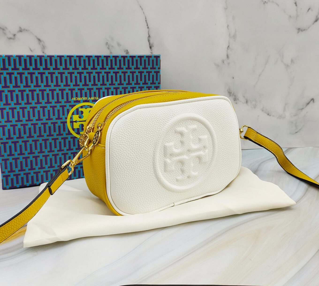 WhatsApp Image 2023-08-18 at 17.59.10 Tory Burch Perry Bombe White yellow Color Camera Bag (With Box)