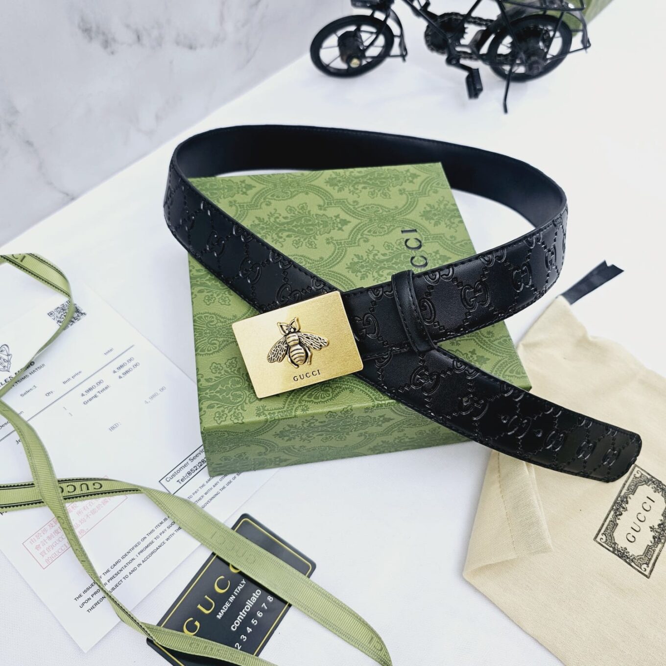 Gucci Bee Square Buckle GG Embossed Men's Belt