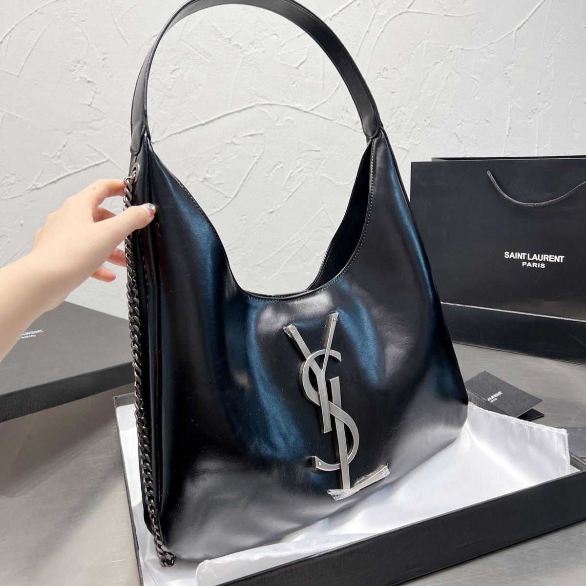 WhatsApp Image 2024-07-06 at 8.44.00 PM YSL Big Logo Black Color Premium Shopper Tote Bag