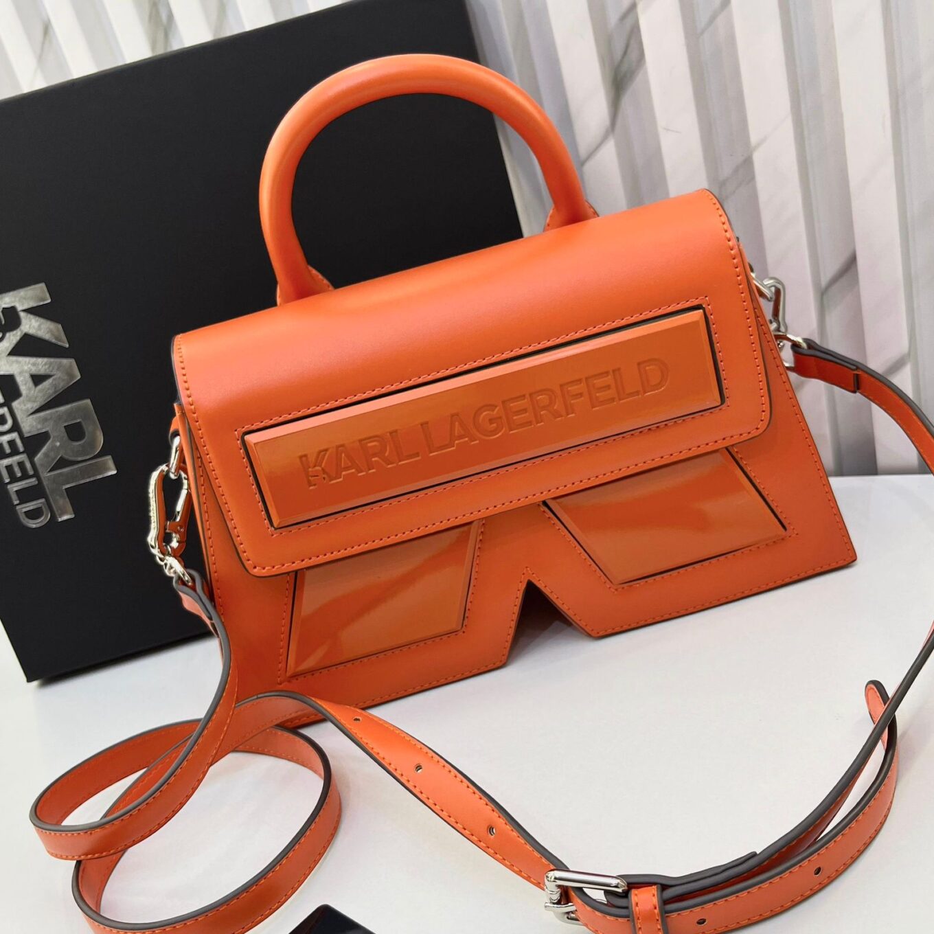 WhatsApp Image 2024-10-18 at 3.32.27 PM Karl Lagerfeld Typography Orange Handbag (With Box)