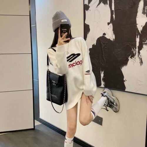 Balenciaga Round Neck White Long Sweater With Matching Long Socks
