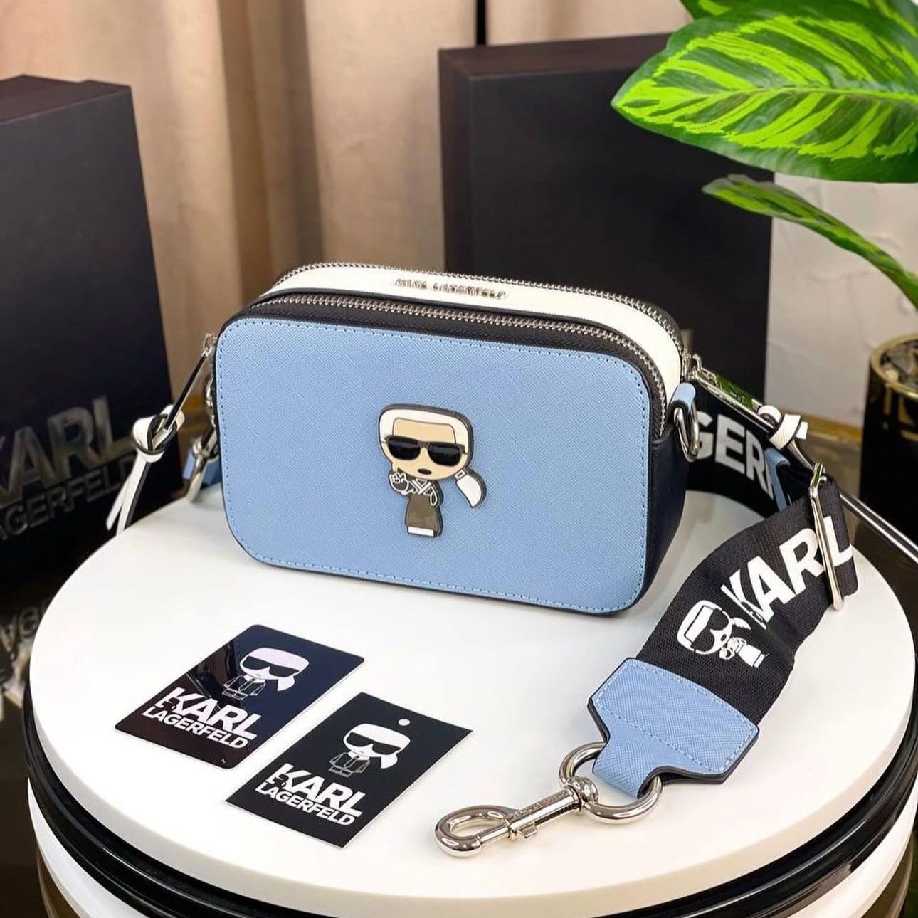 WhatsApp Image 2025-03-03 at 6.42.32 PM Karl Lagerfeld Sky Blue / White Camera Crossbody Sling Bag (With Box)