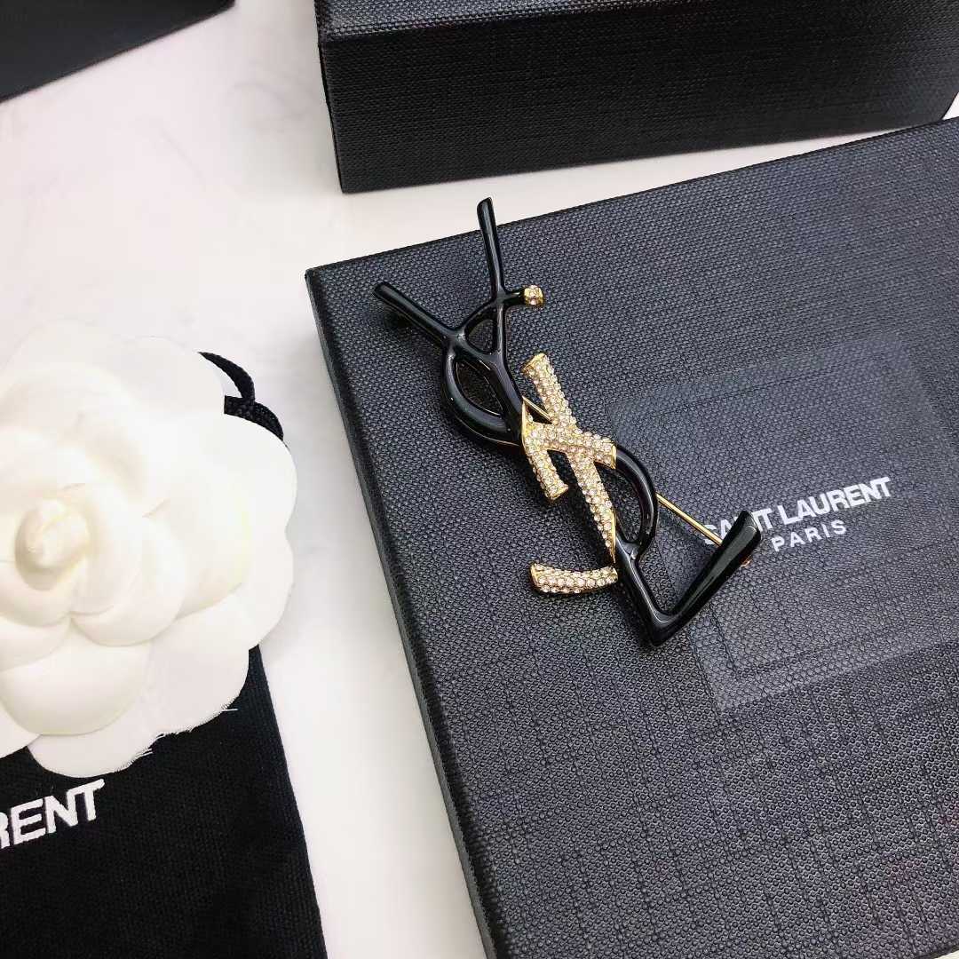 YSL Black Golden Logo Brooch