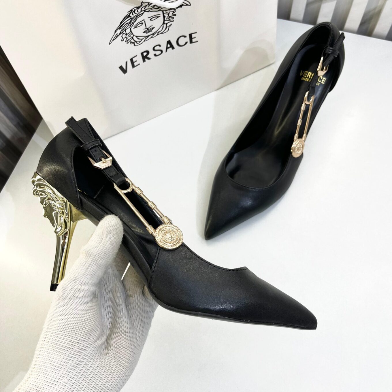 Versace Black Safety Pin Pump Heel For Women
