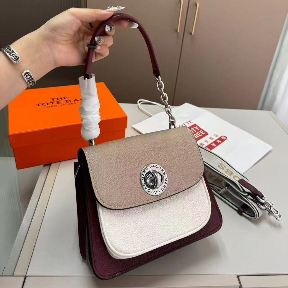 WhatsApp Image 2025-08-07 at 11.25.16 AM Marc Jacobs Turn Lock Satchel Black Wine Shoulder Bag (With Box)