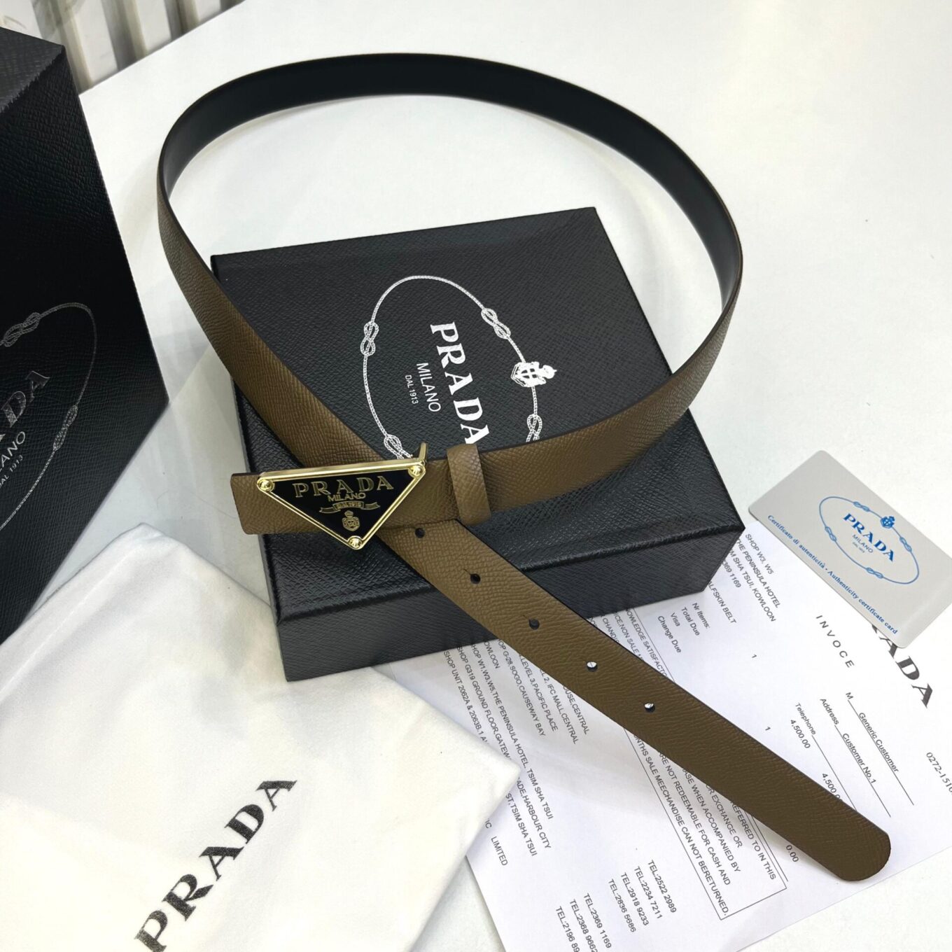 WhatsApp Image 2025-08-22 at 7.22.12 PM Prada Milano Khaki Gold and black Triangle Buckle Belt