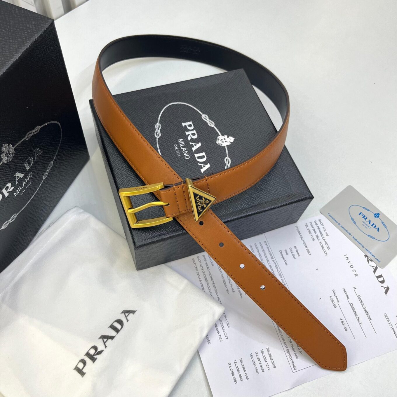 WhatsApp Image 2025-08-22 at 7.37.12 PM Prada Milano Brown Gold Triangle Pin Belt