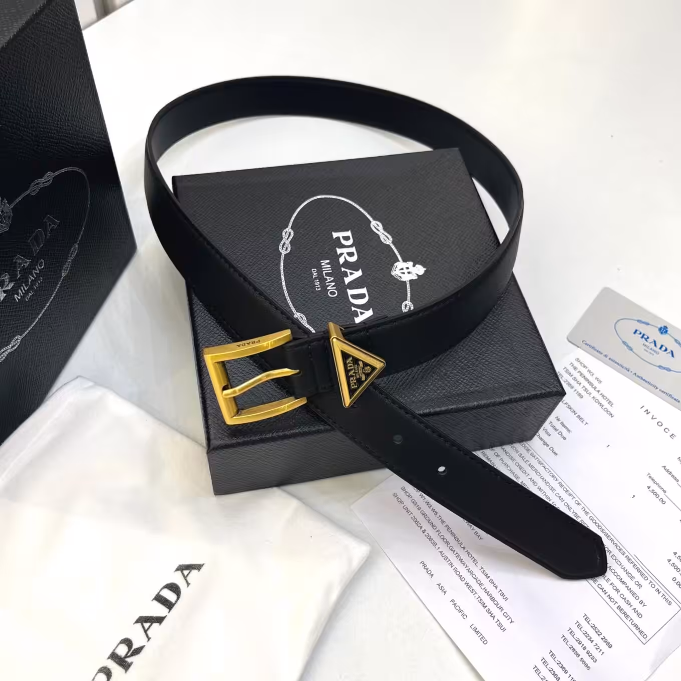 WhatsApp Image 2025-08-22 at 7.39.40 PM Prada Milano Black Gold Triangle Pin Belt