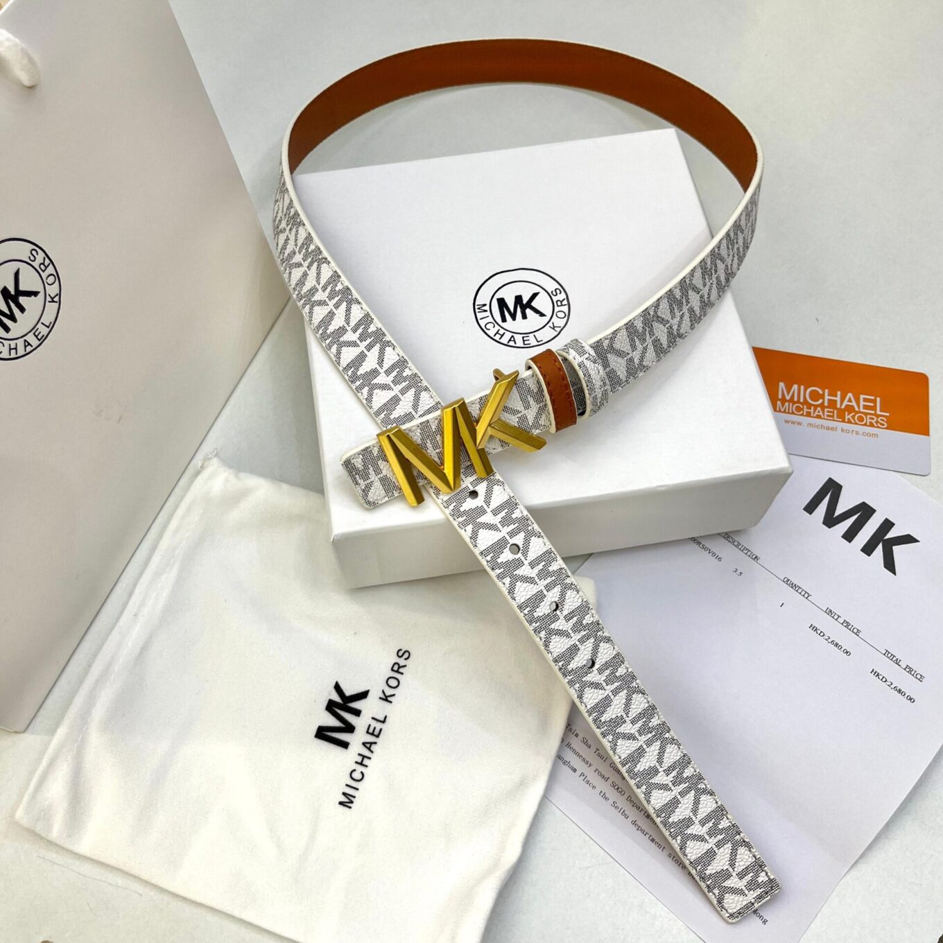 WhatsApp Image 2025-08-23 at 12.04.47 AM Michael Kors Signature Logo White and brown reversible Belt