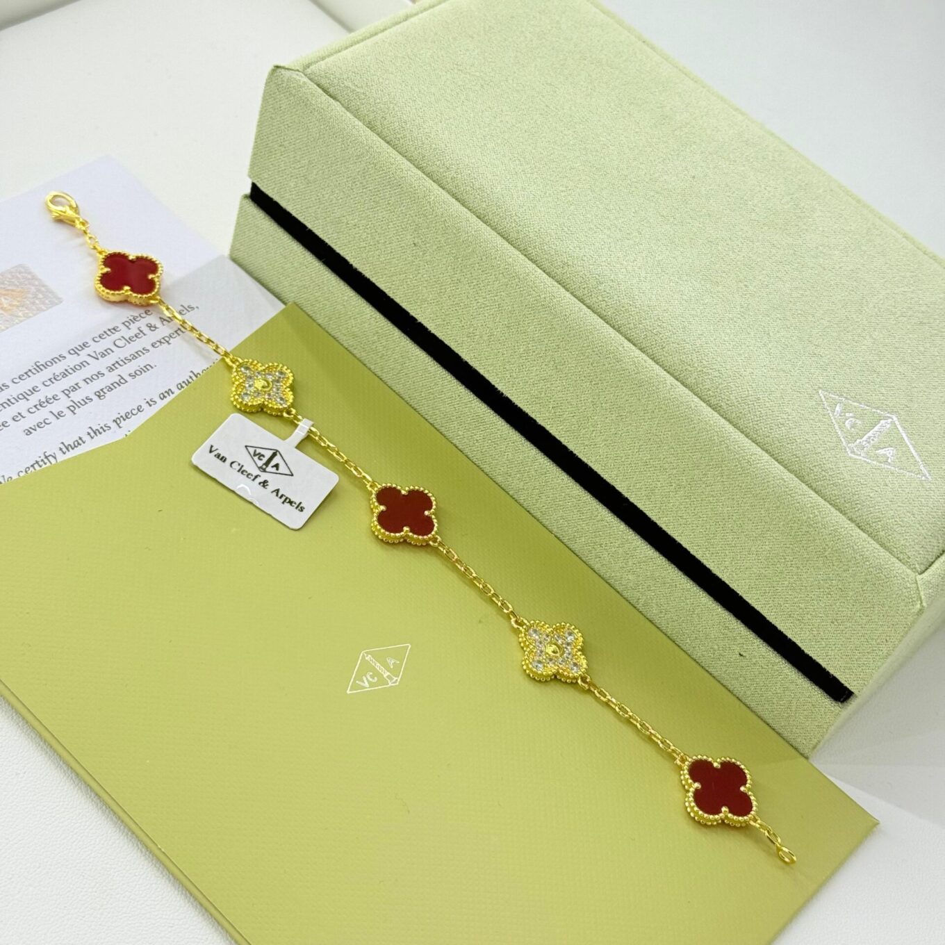 Van Cleef Alhambra Red & White Stone Gold Color Bracelet