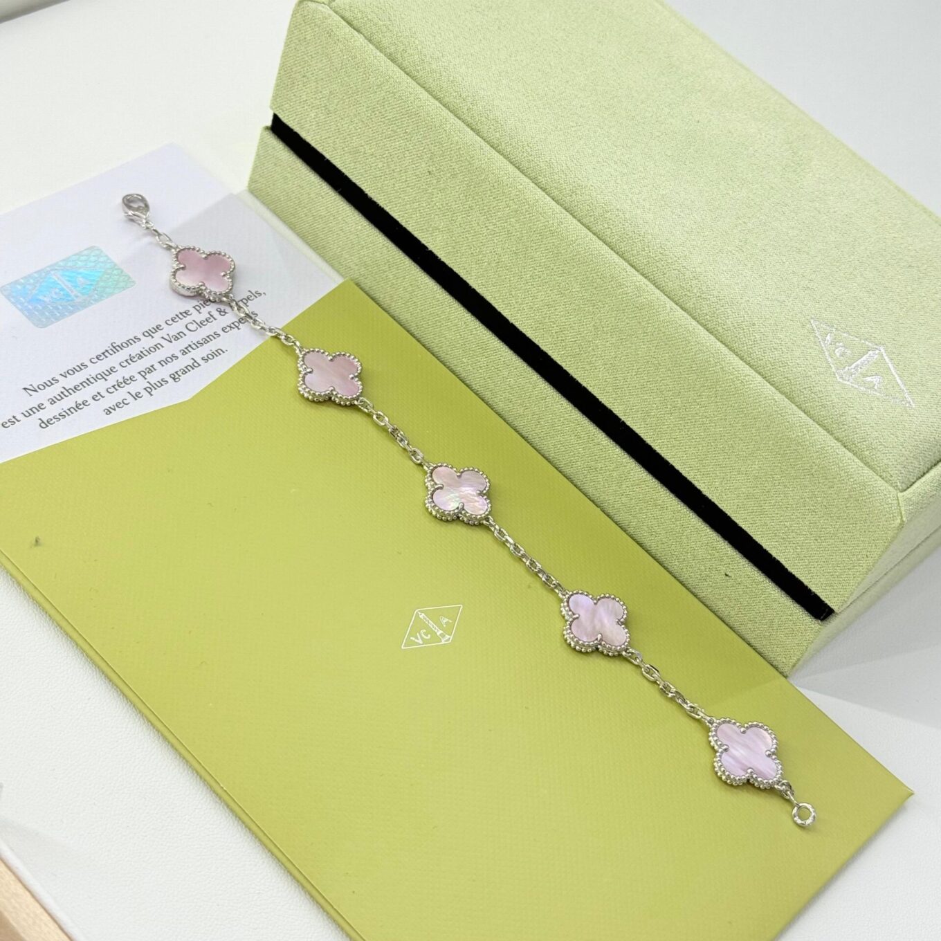Van Cleef Alhambra Pink Pastel Clover Silver Color Bracelet