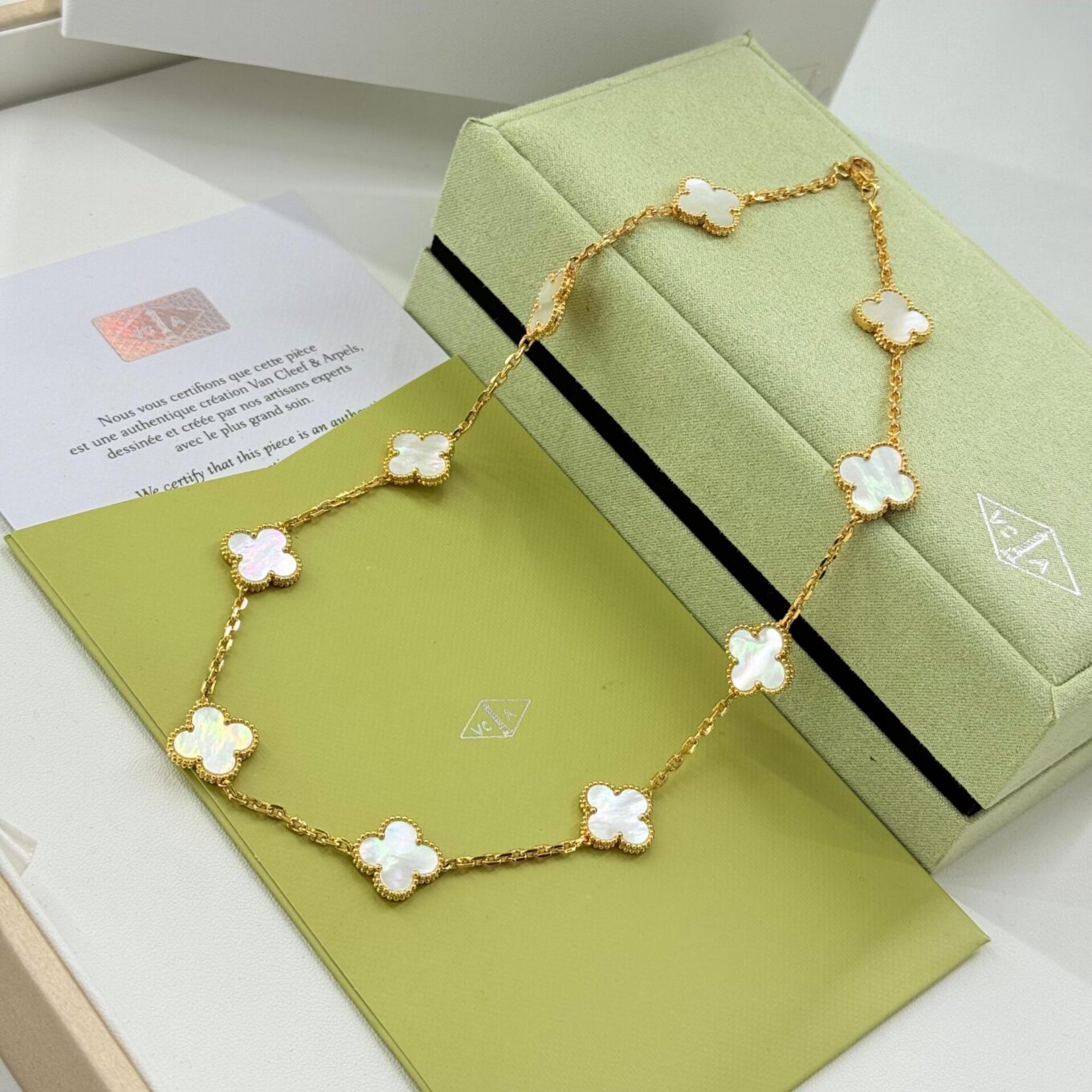 Van Cleef Alhambra White Marble Clover Rose Gold Color Necklace