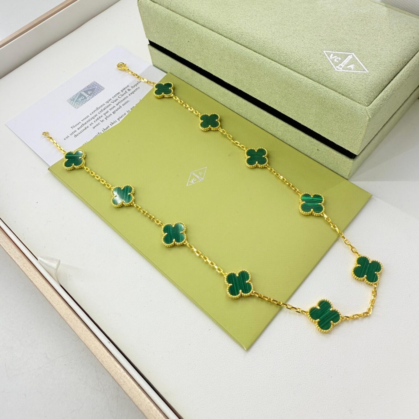 Van Cleef Alhambra Green Marble Clover Gold Color Necklace