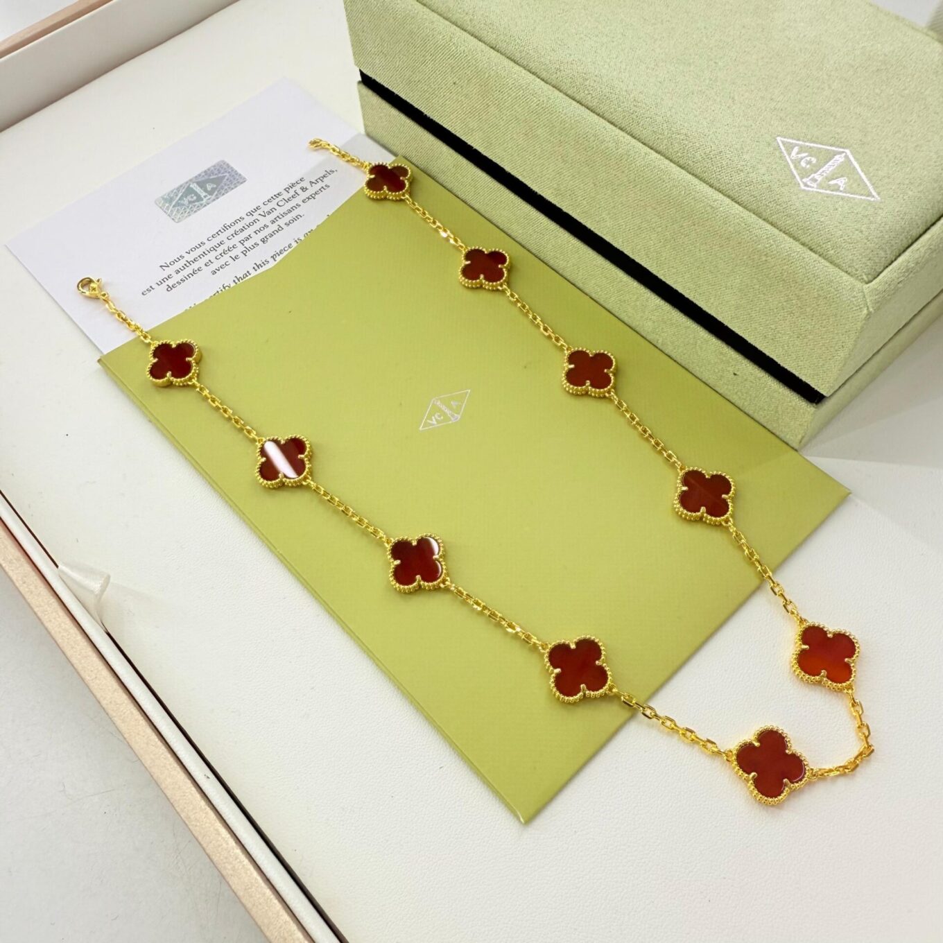 Van Cleef Alhambra Red Marble Clover Gold Color Necklace