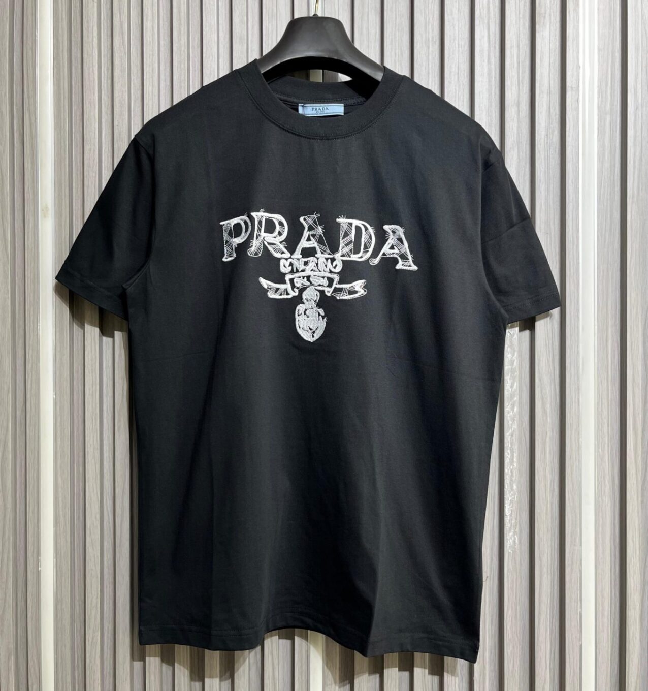 Prada Embroidered Logo Black Tshirt For Men