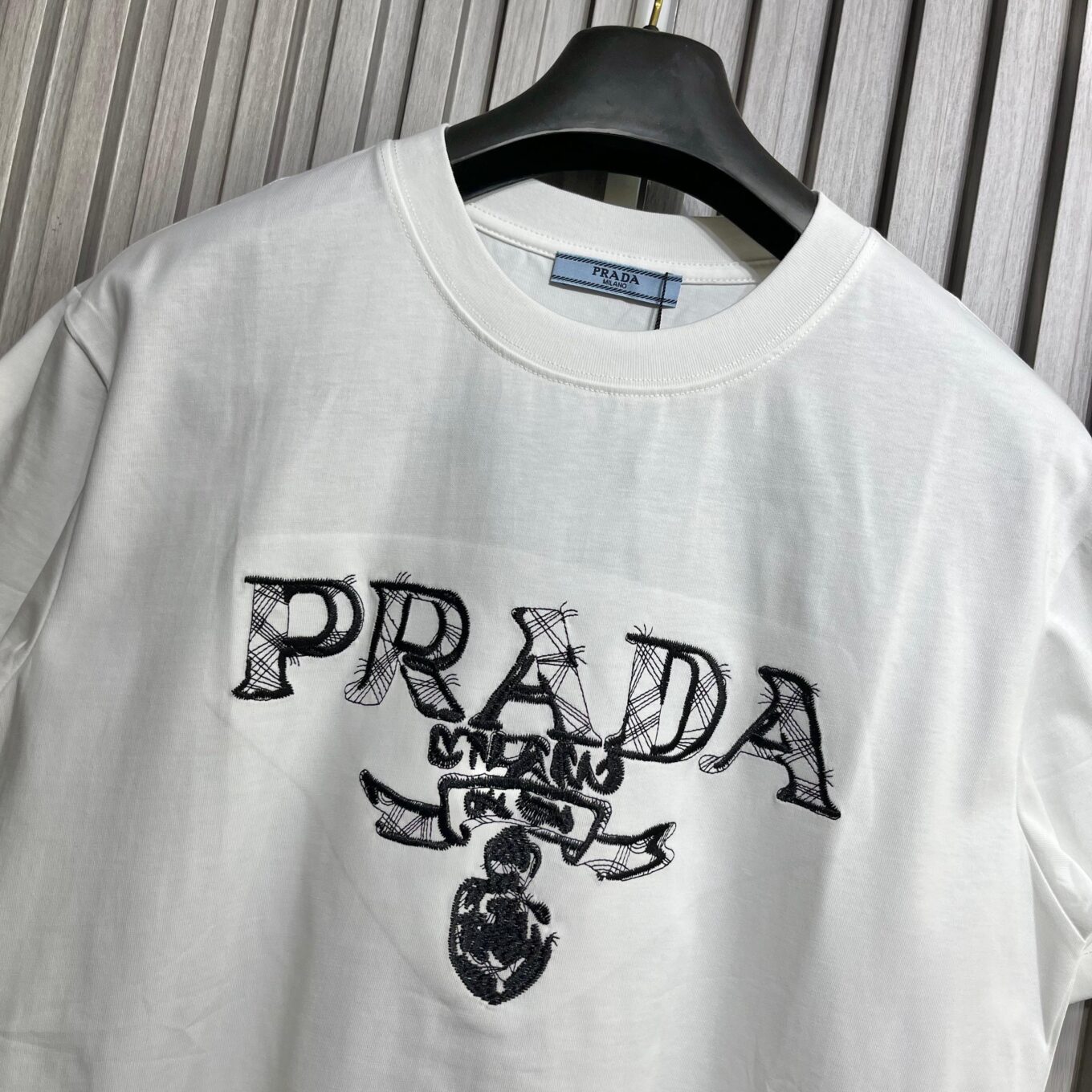 Prada Embroidered Logo White Tshirt For Men