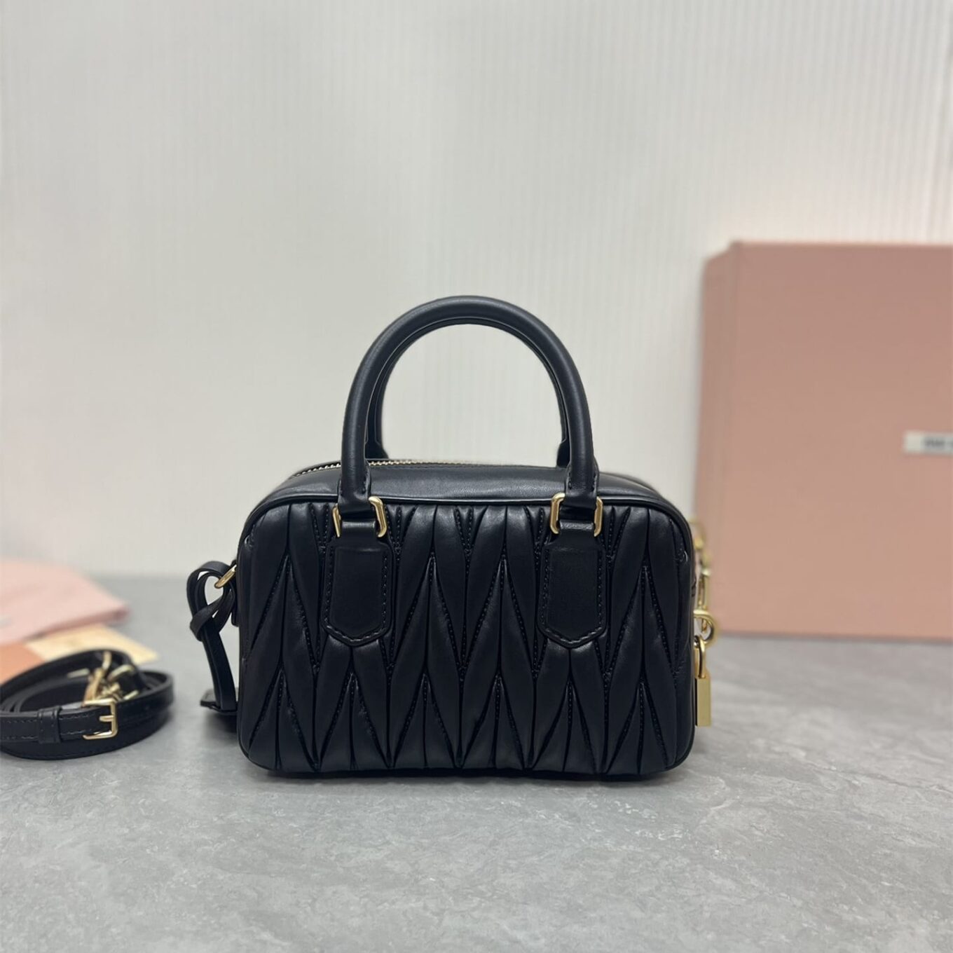 WhatsApp Image 2025-09-20 at 9.30.45 PM Miu Miu Arcadie Matlasse Nappa Black Bowling Bag (With Box)