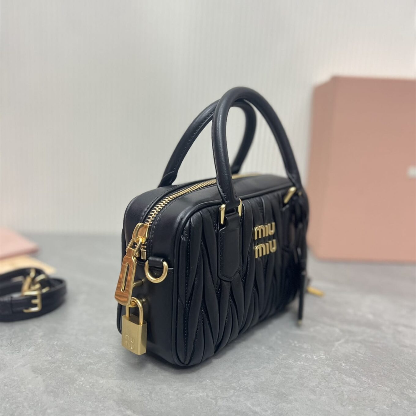 WhatsApp Image 2025-09-20 at 9.30.46 PM Miu Miu Arcadie Matlasse Nappa Black Bowling Bag (With Box)