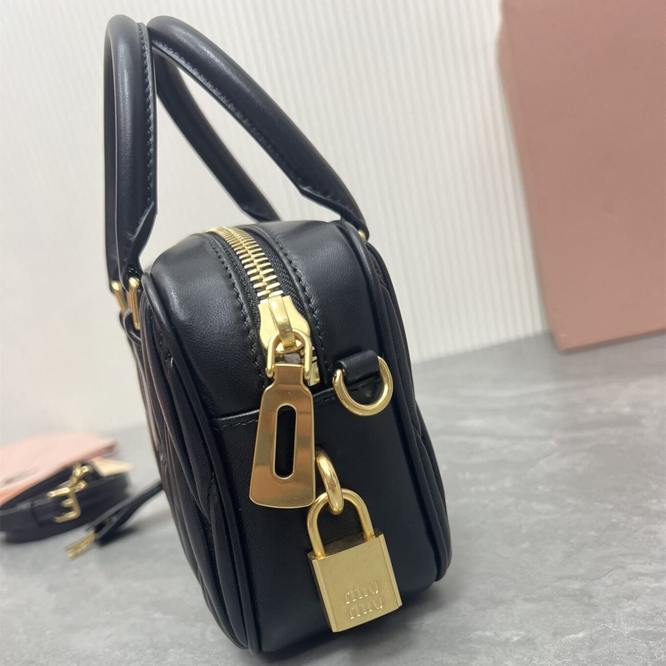 WhatsApp Image 2025-09-20 at 9.30.47 PM (2) Miu Miu Arcadie Matlasse Nappa Black Bowling Bag (With Box)
