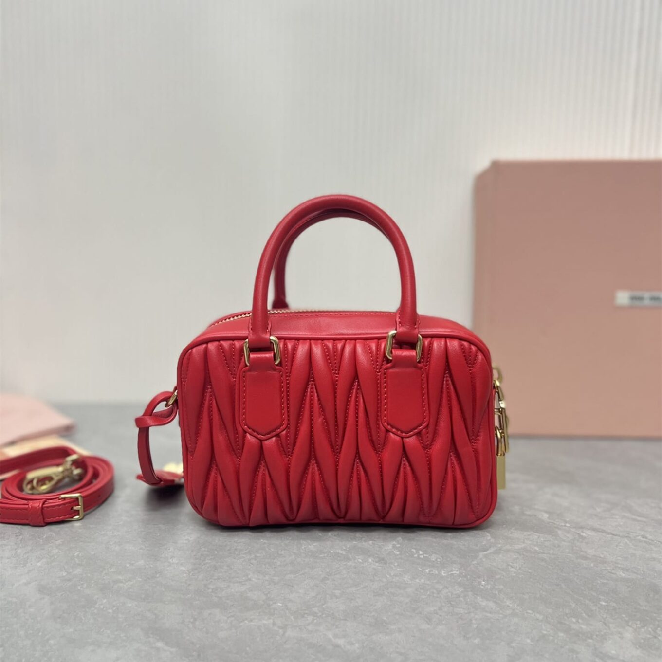 WhatsApp Image 2025-09-20 at 9.31.34 PM Miu Miu Arcadie Matlasse Nappa Red Bowling Bag (With Box)