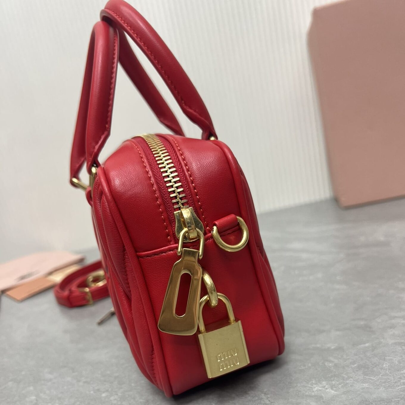 WhatsApp Image 2025-09-20 at 9.31.35 PM (1) Miu Miu Arcadie Matlasse Nappa Red Bowling Bag (With Box)