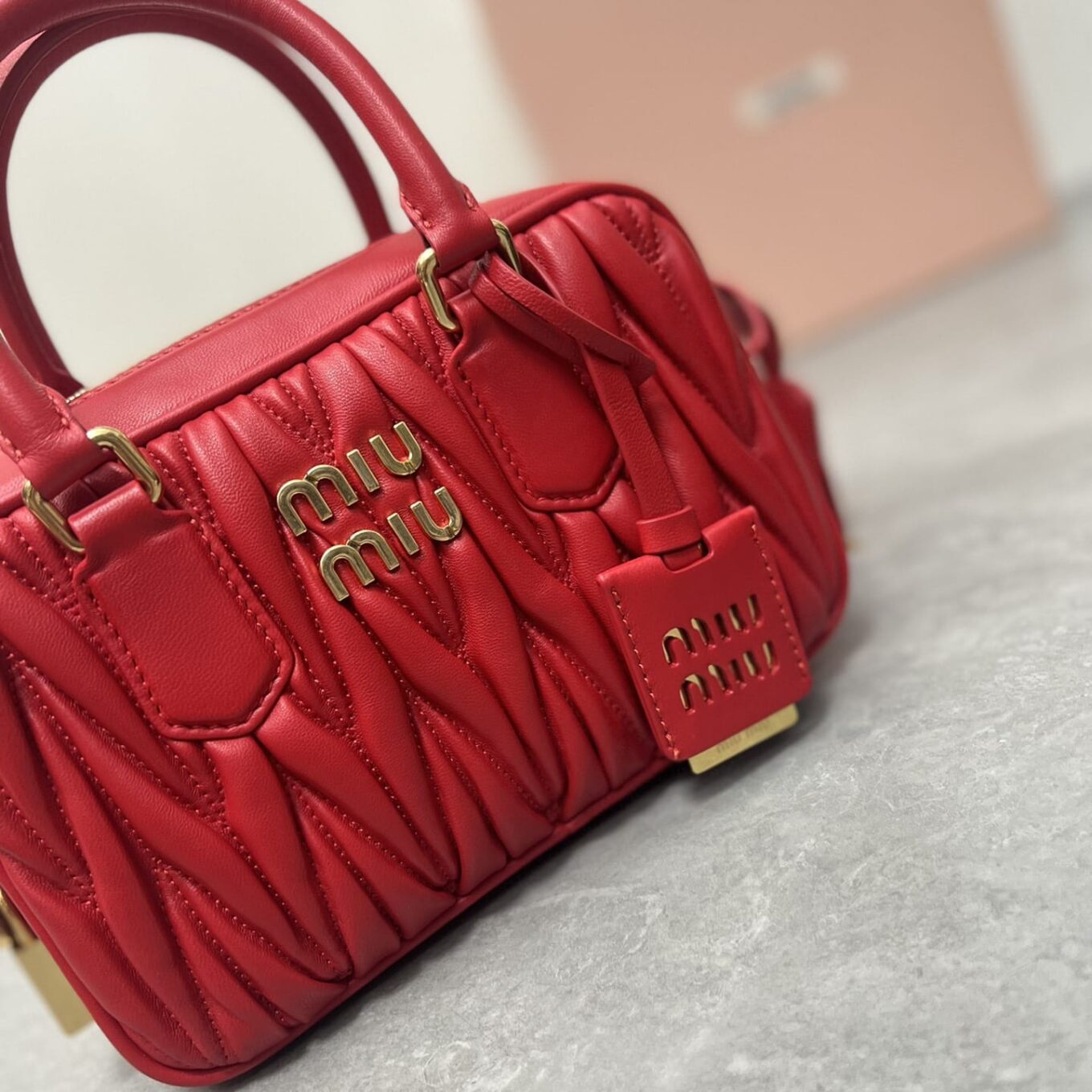WhatsApp Image 2025-09-20 at 9.31.35 PM (2) Miu Miu Arcadie Matlasse Nappa Red Bowling Bag (With Box)
