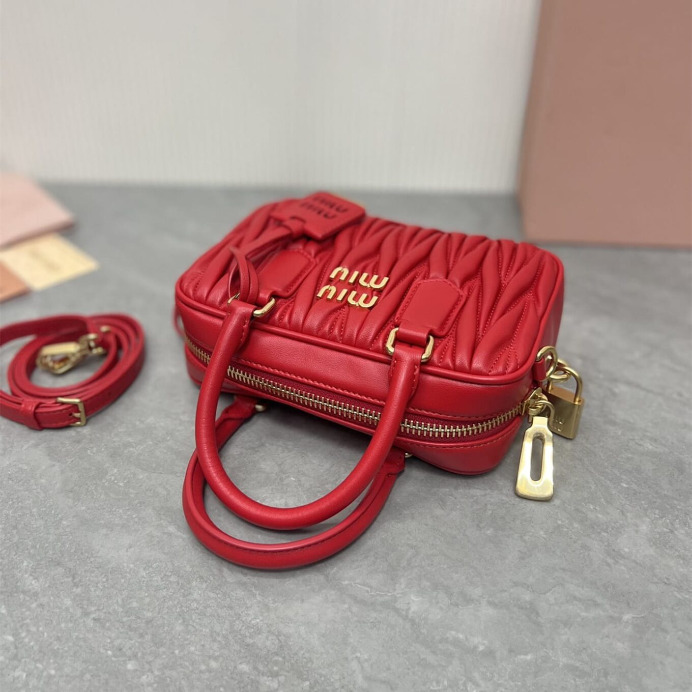 WhatsApp Image 2025-09-20 at 9.31.35 PM Miu Miu Arcadie Matlasse Nappa Red Bowling Bag (With Box)