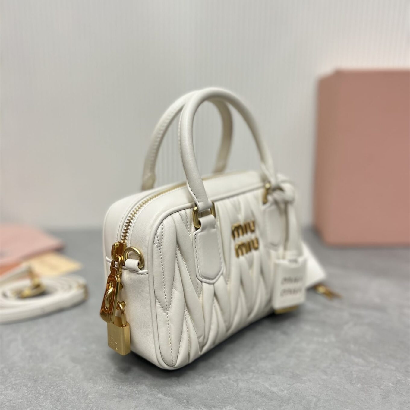 WhatsApp Image 2025-09-20 at 9.32.20 PM (1) Miu Miu Arcadie Matlasse Nappa White Bowling Bag (With Box)