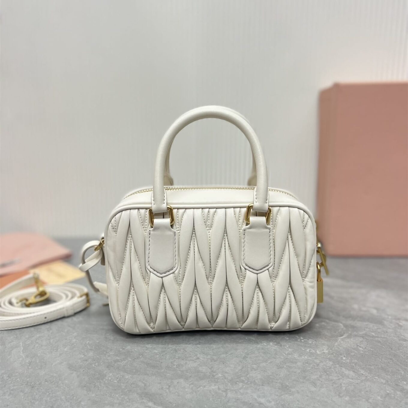 WhatsApp Image 2025-09-20 at 9.32.20 PM Miu Miu Arcadie Matlasse Nappa White Bowling Bag (With Box)