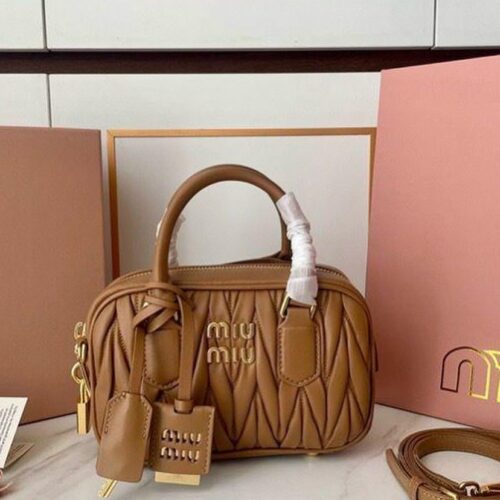 Miu Miu Arcadie Matlasse Nappa Brown Bowling Bag (With Box)