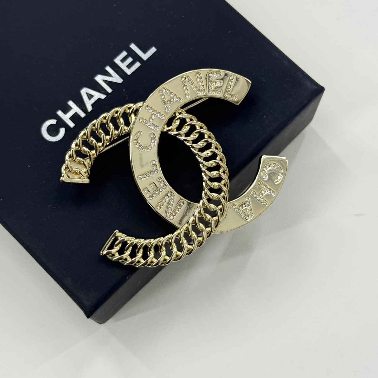 Chanel Gold Logo With Chain Detailing Brooch