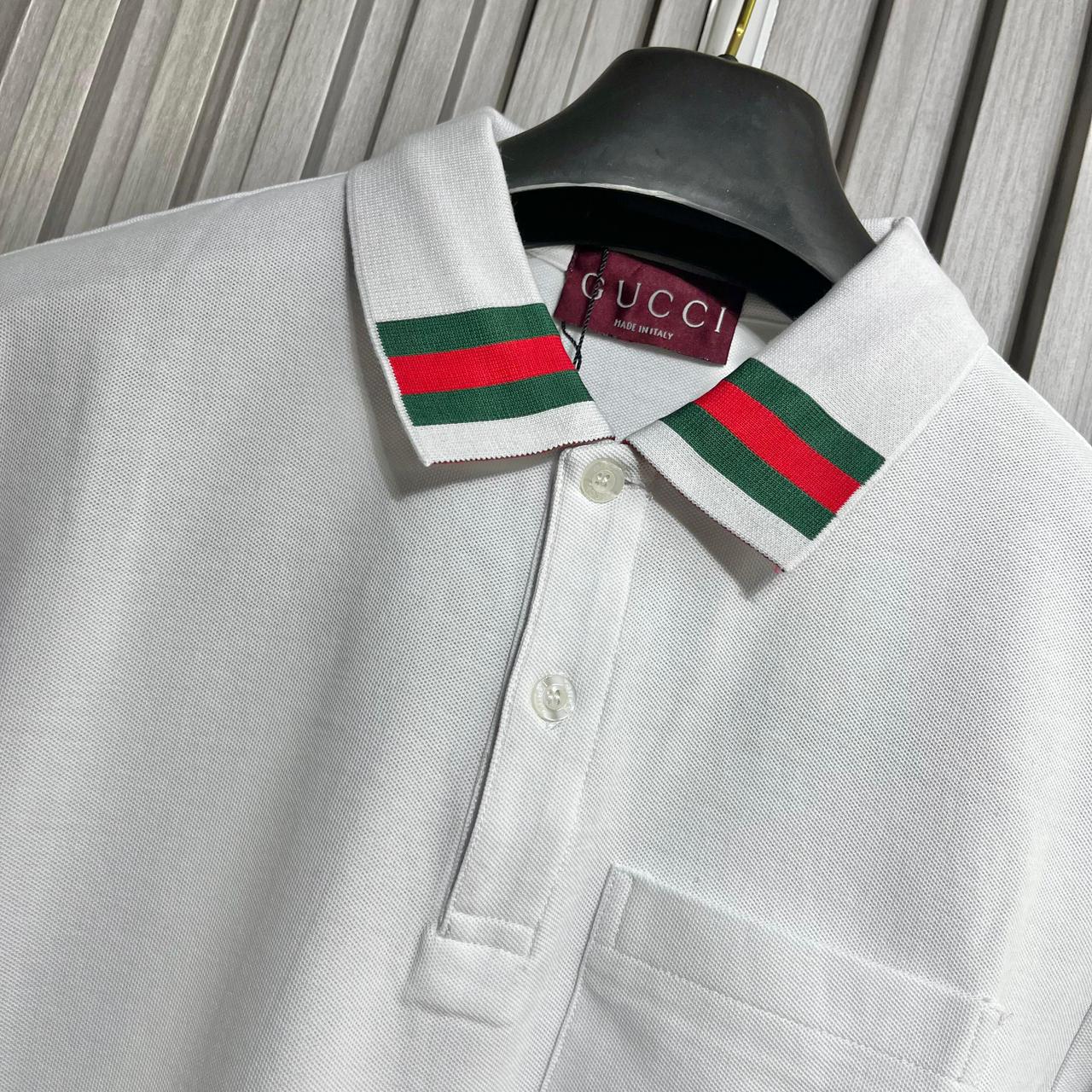 Gucci White Polo Tshirt With Web Stripe Collar