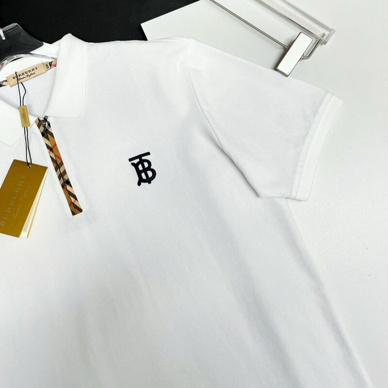 Burberry White Polo Shirt with Monogram Logo & Check Trim