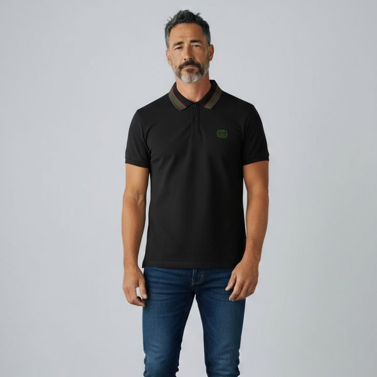 Gucci GG Strip Collar Black Polo Tshirt