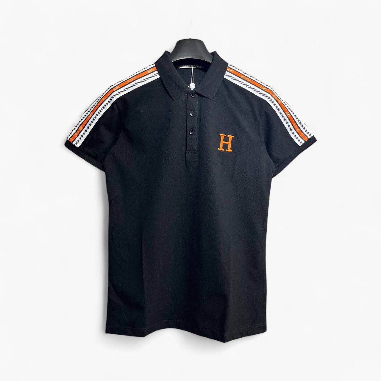 Hermes Black Polo With Stripped Shoulder Tshirt