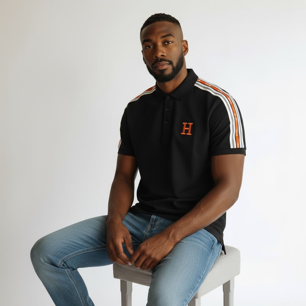 WhatsApp Image 2025-10-11 at 7.45.42 PM Hermes Black Polo With Stripped Shoulder Tshirt