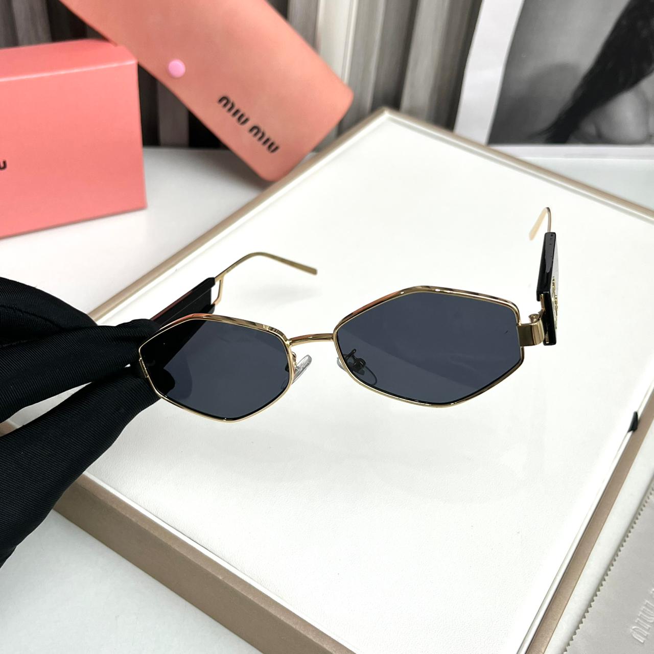 Miu Miu Hexagon Black Gold Sunglasses For Women