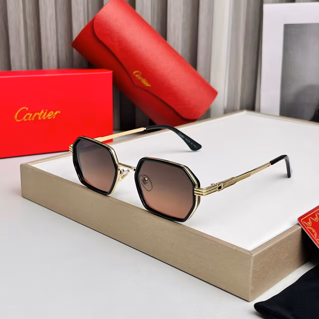 Cartier Gold Hexagon Brown Unisex Gradient Sunglass