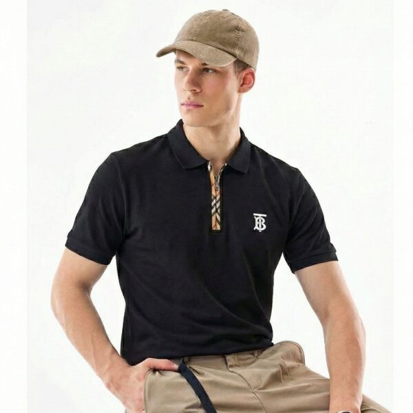 Burberry Black Polo Shirt with Monogram Logo & Check Trim